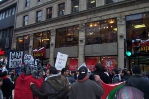 protestors march along St-Catherine